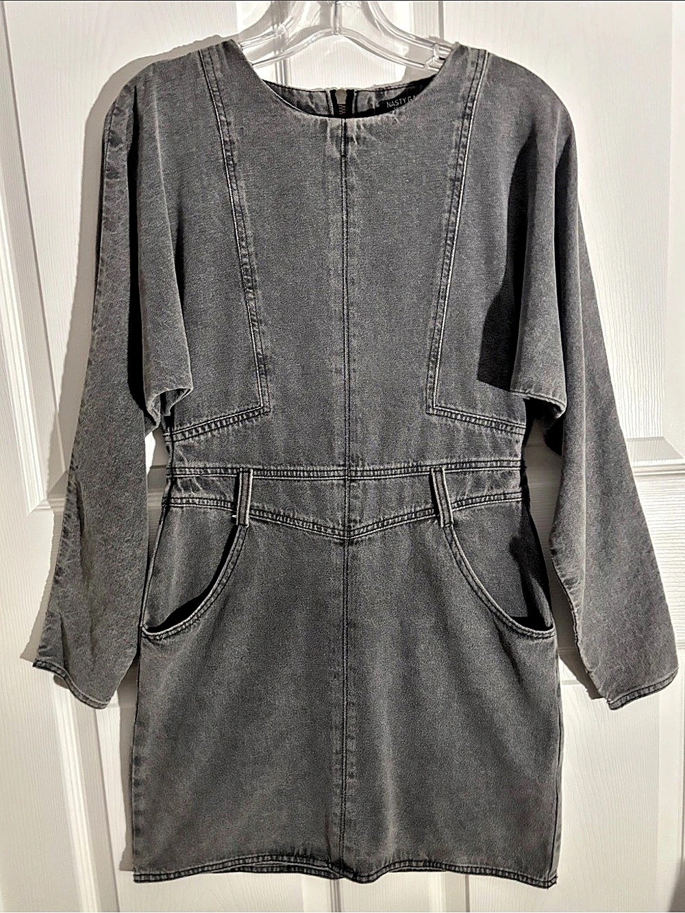 Nasty Gal 98% Cotton Gray Acid Wash Batwing Geometric Denim Mini Dress Sz Small